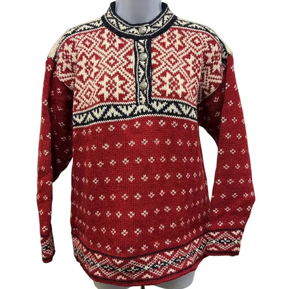 L.L. Bean Norwegian Sweater S Red Wool Blend Fair Isle Vintage USA Made Freeport - Picture 1 of 4